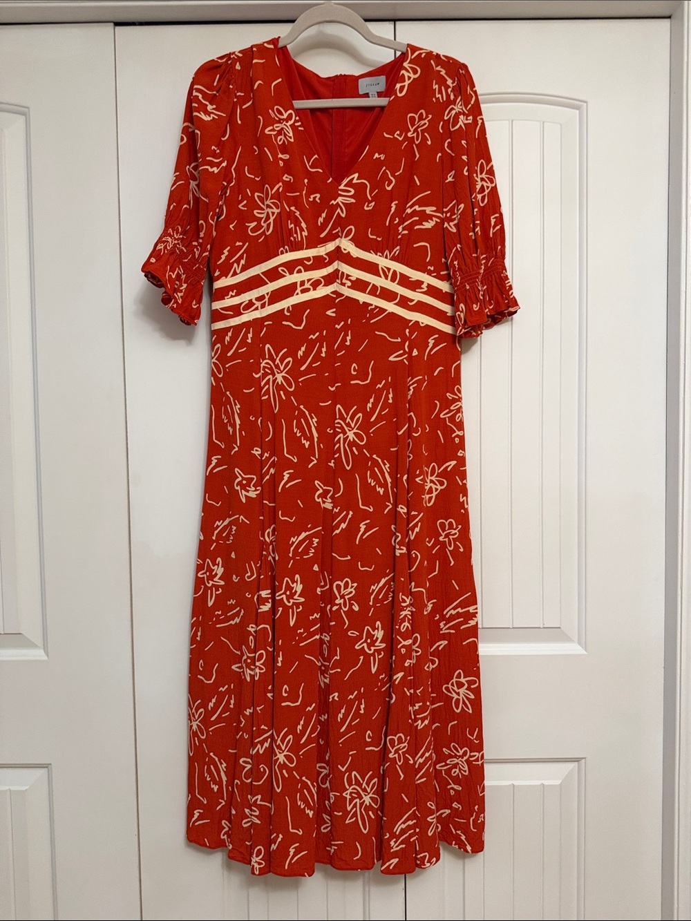 Jigsaw Orange Floral V‑Neck Maxi Dress with Cream Waist Stripes